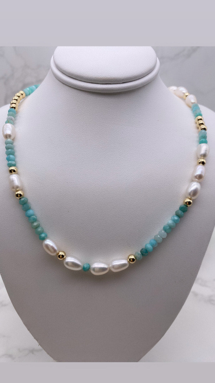 Fresh Water Pearl with Amazonite NECKLACE