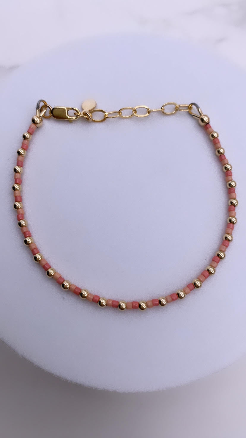 Pink 2 Tone Miyuki Beaded Bracelet - Gold Filled