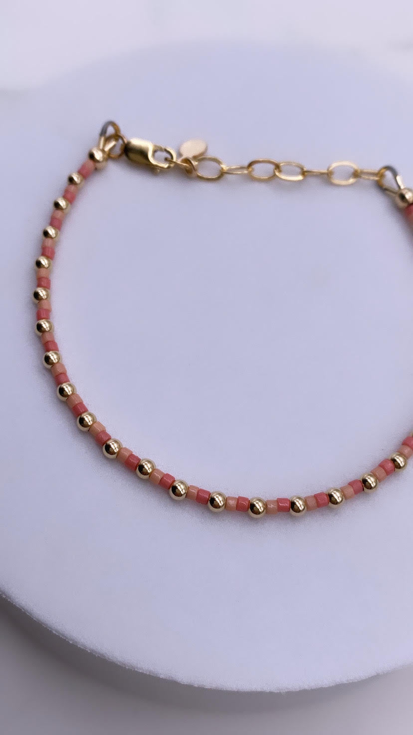 Pink 2 Tone Miyuki Beaded Bracelet - Gold Filled