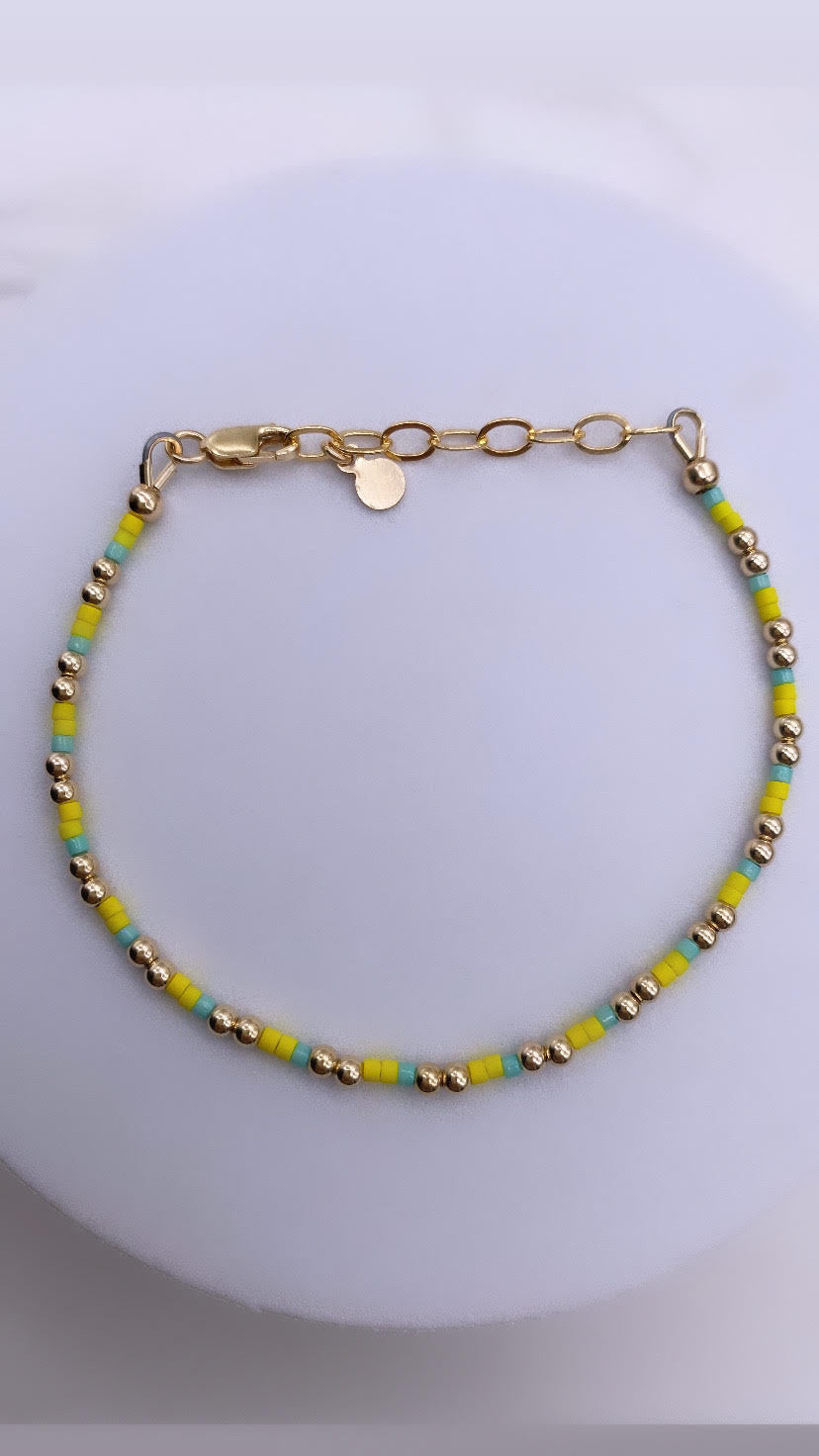 Blue & Yellow Miyuki Bead Bracelet - Gold Filled