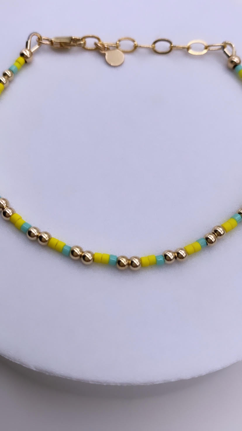 Blue & Yellow Miyuki Bead Bracelet - Gold Filled